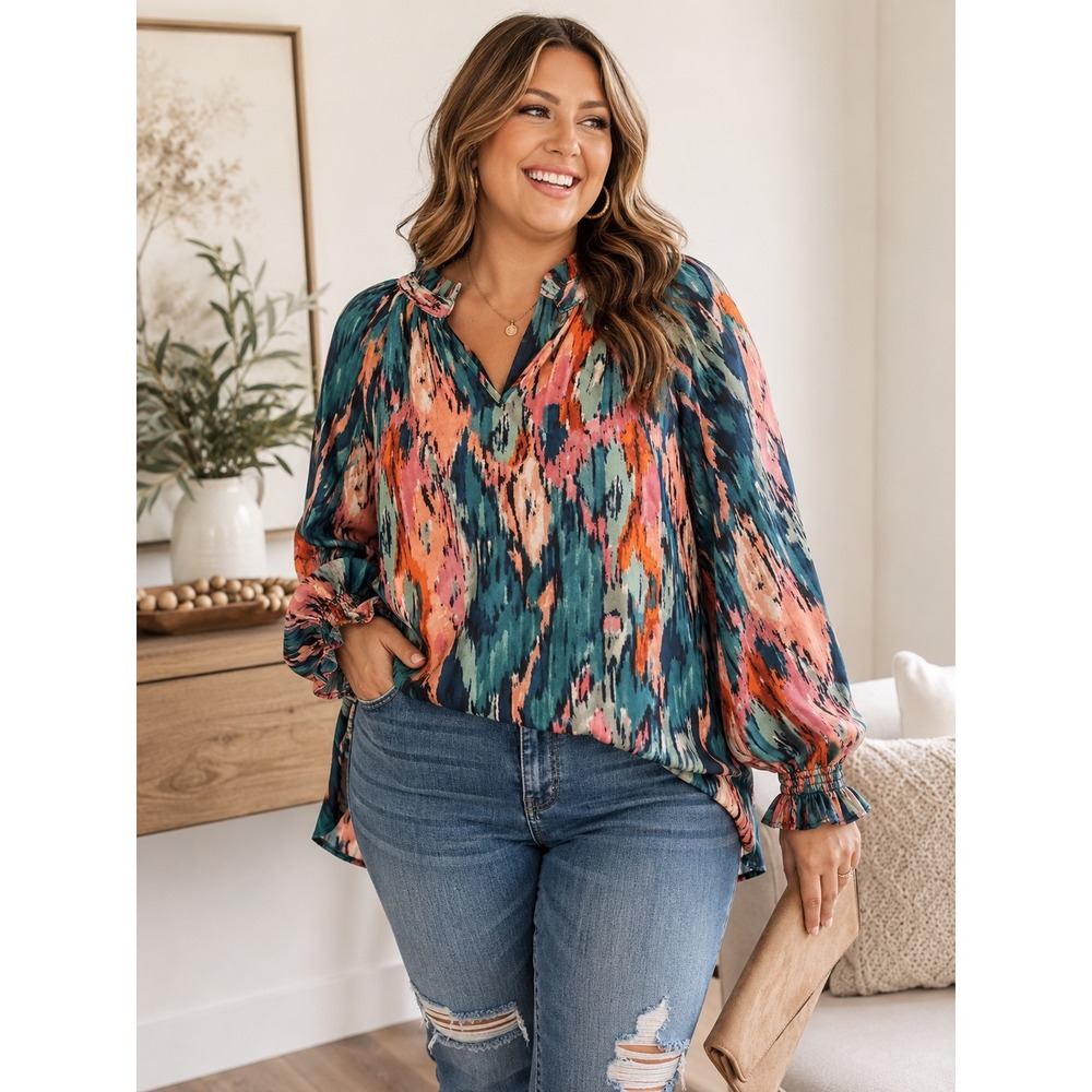Jodifl Abstract Ikat Satin‎ Blouse Teal Pink Orange V-Neck Ruffle Cuff Top 1X